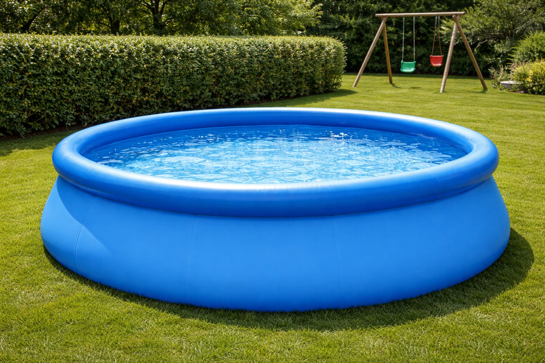 Ein kleiner Pool für den Garten, hier: Runder, blauer aufblasbarer Quick-Up-Pool mit Wasserfüllung auf einer gemähten Rasenfläche im Garten, im Hintergrund eine hohe Hecke und eine Kinderschaukel.