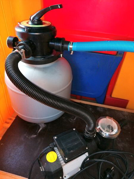 Thema: Kartuschen- oder Sandfilter. Poolfilter Vergleich. Hier zu sehen: Die Pumpe mit dem Sandfilter mit Schläuchen verbunden. Die Pumpe steht in einem Spielhaus auf einer Palette.