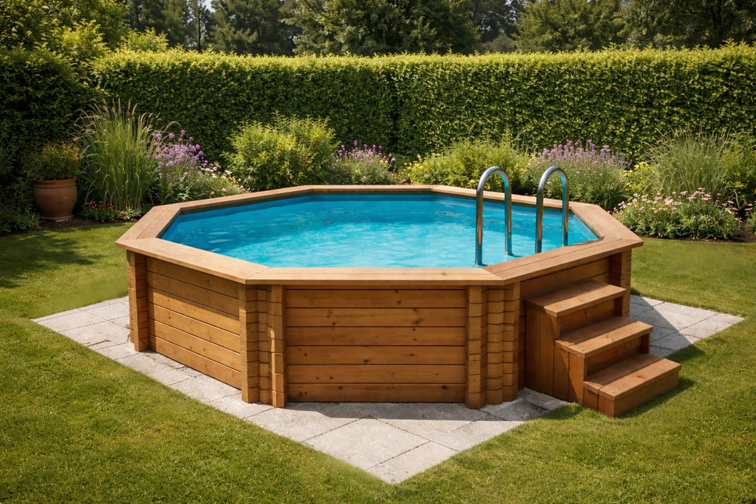 Holzpool im Garten mit klar blauem Wasser, umgeben von Rasen und Blumenbeeten, sehr gut geeignet als natürlicher Badespaß für Familien im eigenen Garten.