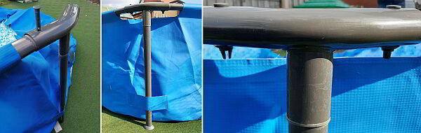 Ein kleiner Pool für den Garten - hier zu sehen: Dreiteiliger Bildausschnitt vom Aufbau eines Familienpools im Garten: Nahaufnahmen zeigen graue Stahlrohre mit blauen Halterungen, die in eine blaue Poolfolie eingehängt werden, sowie Teile der aufblasbaren Struktur auf grünem Rasen. 