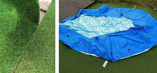 Ein kleiner Pool für den Garten - auf Kunstrasen, Teppich oder Plane. Zweiteiliger Bildausschnitt: links wird ein Stück Kunstrasen am Rand hochgeklappt, rechts liegt eine zusammengefaltete blaue Poolfolie auf ausgelegtem Kunstrasen als Vorbereitung für den Aufbau eines Familienpools im Garten.