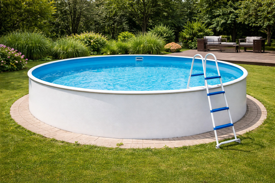 Pool für den Garten: Runder Stahlwandpool mit weißer Außenwand und blauem Wasser im Garten, mit blauer Leiter und umgeben von Büschen, Blumen und einer Holzterrasse mit Gartenstühlen auf Rasenfläche.