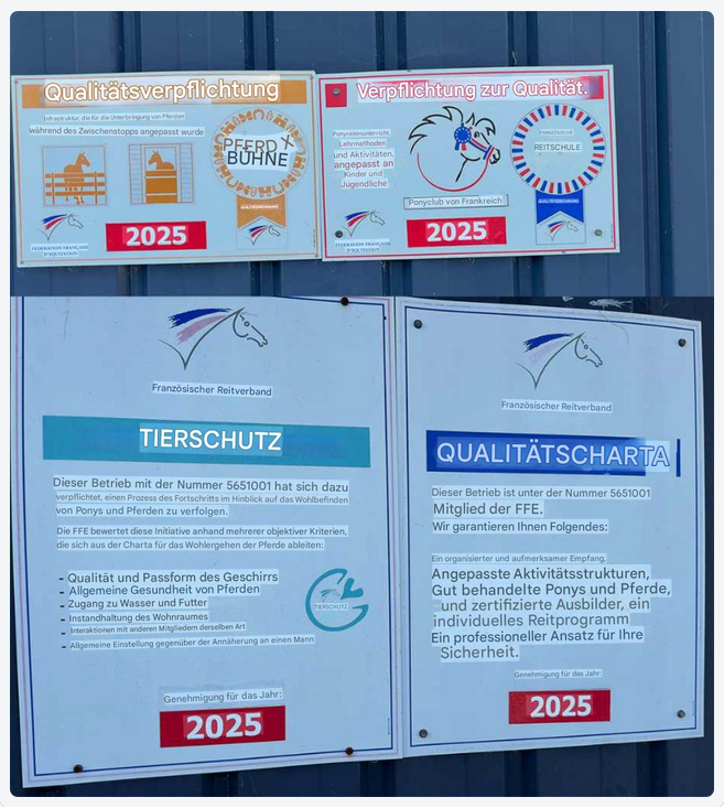 Bretagne mit Kindern - Südküste Reiten mit Kindern auf Quiberon: Hier zu sehen das Qualitätssiegels des französischen Reitverbandes auf Deutsch übersetzt.