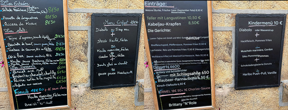 Bretagne mit Kindern - Südküste Familienreise in die Bretagne, Essen und Trinken. Hier ein Beispiel für die Übersetzung einer fotografierten Menütafel mit Google Lens.