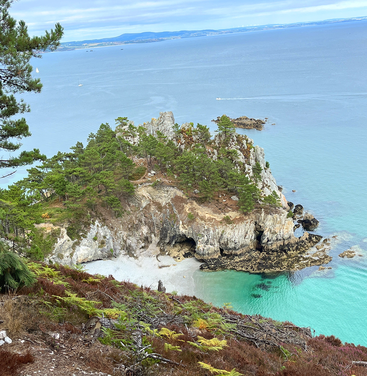 Bretagne mit Kindern - Westküste Bretagne - Wandern mit Kindern - entlang der Westküste. Hier zu sehen der Blick auf einen kleinen Strand vor einem weißen Felsen auf türkisblaues Wasser.