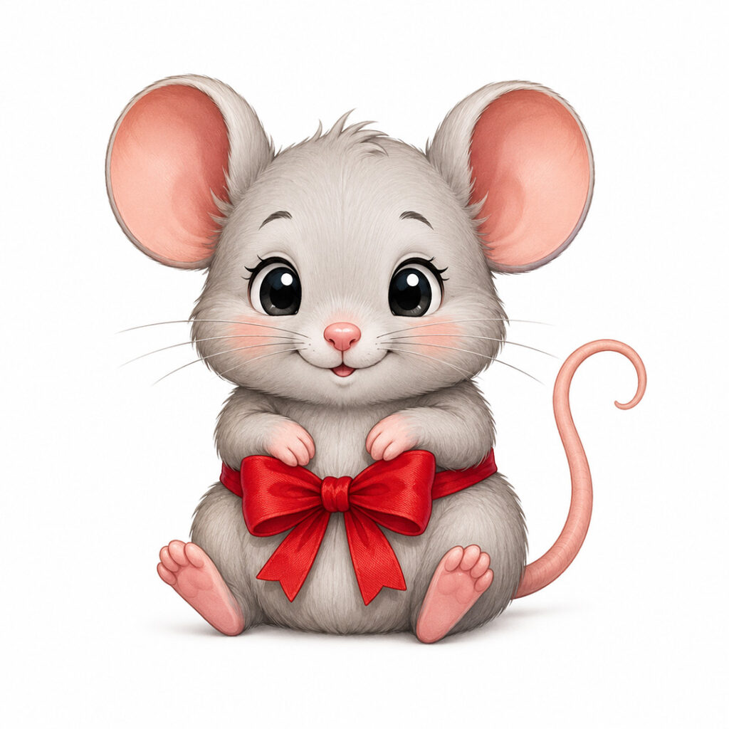 familie-entdeckt, Katzenklappe, hier: eine niedliche hellgraue Maus mit einer Schleife um den Bauch im Comic-Stil